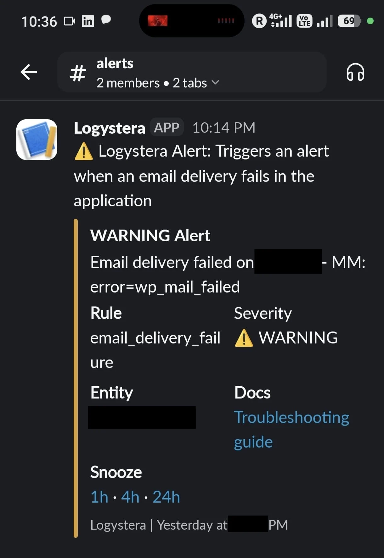 A WARNING Logystera alert in Slack: email delivery failed in the application.