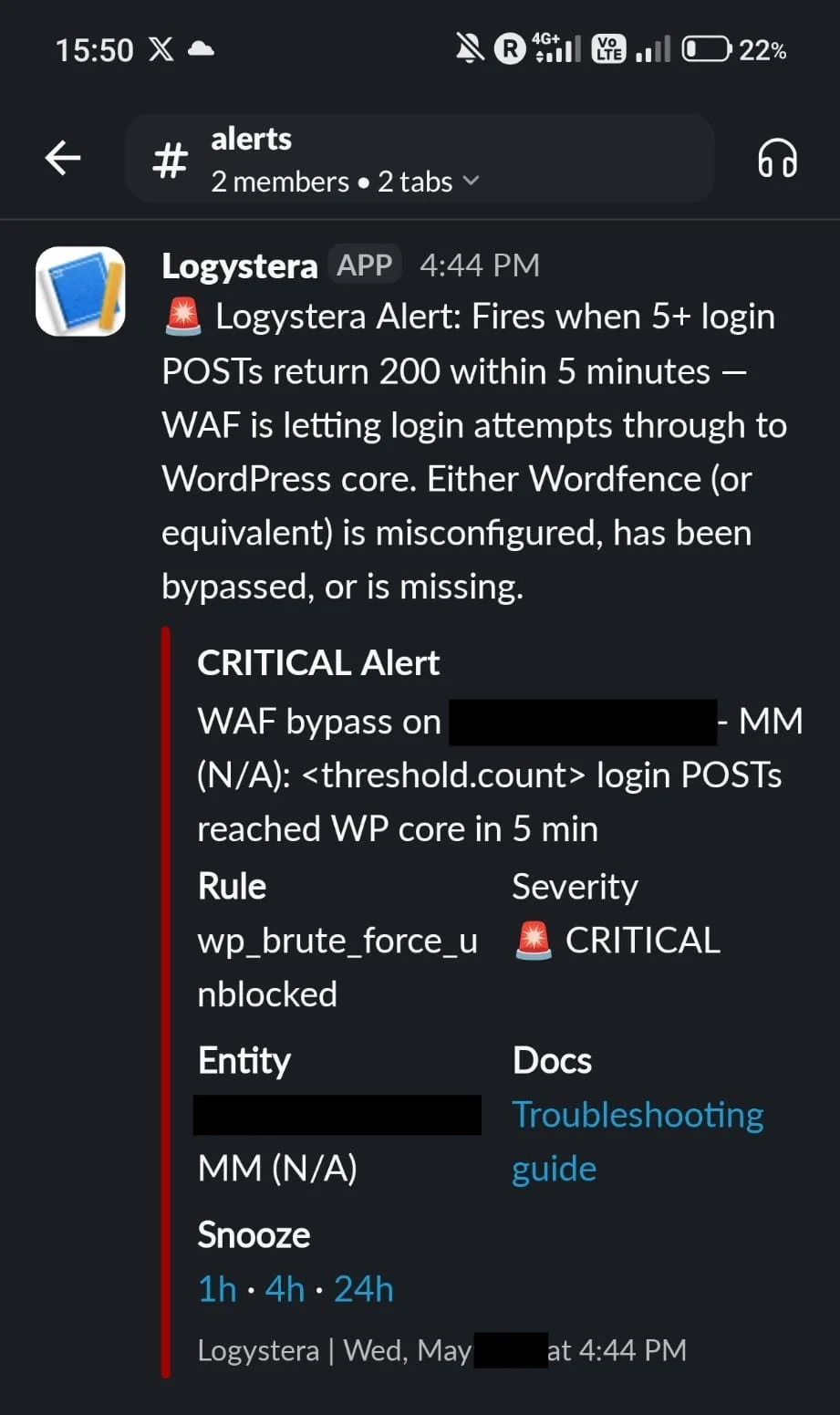A CRITICAL Logystera alert in Slack: 5+ login POSTs reached WordPress core in 5 minutes, indicating a WAF bypass.